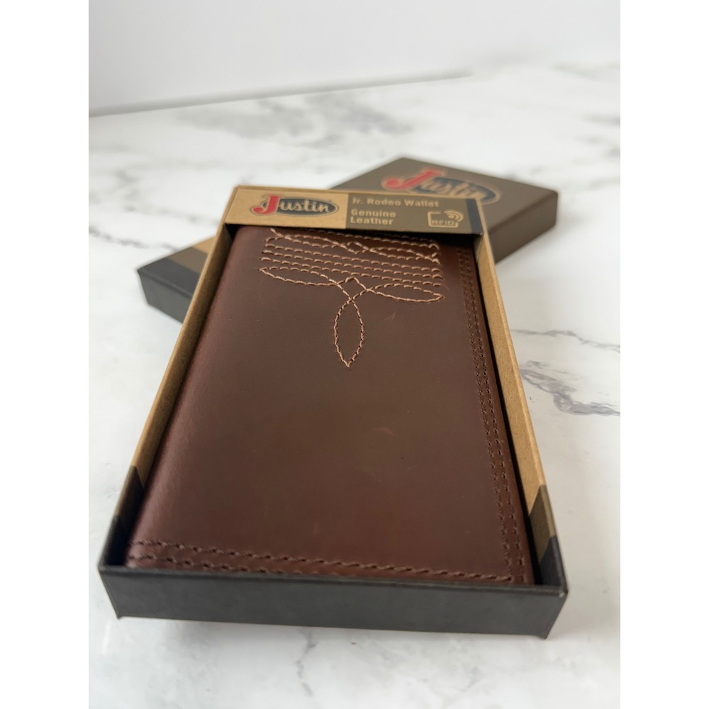 Justin Jr Rodeo Wallet Brown Genuine Leather NWT Boot Stitch - Picture 4 of 6